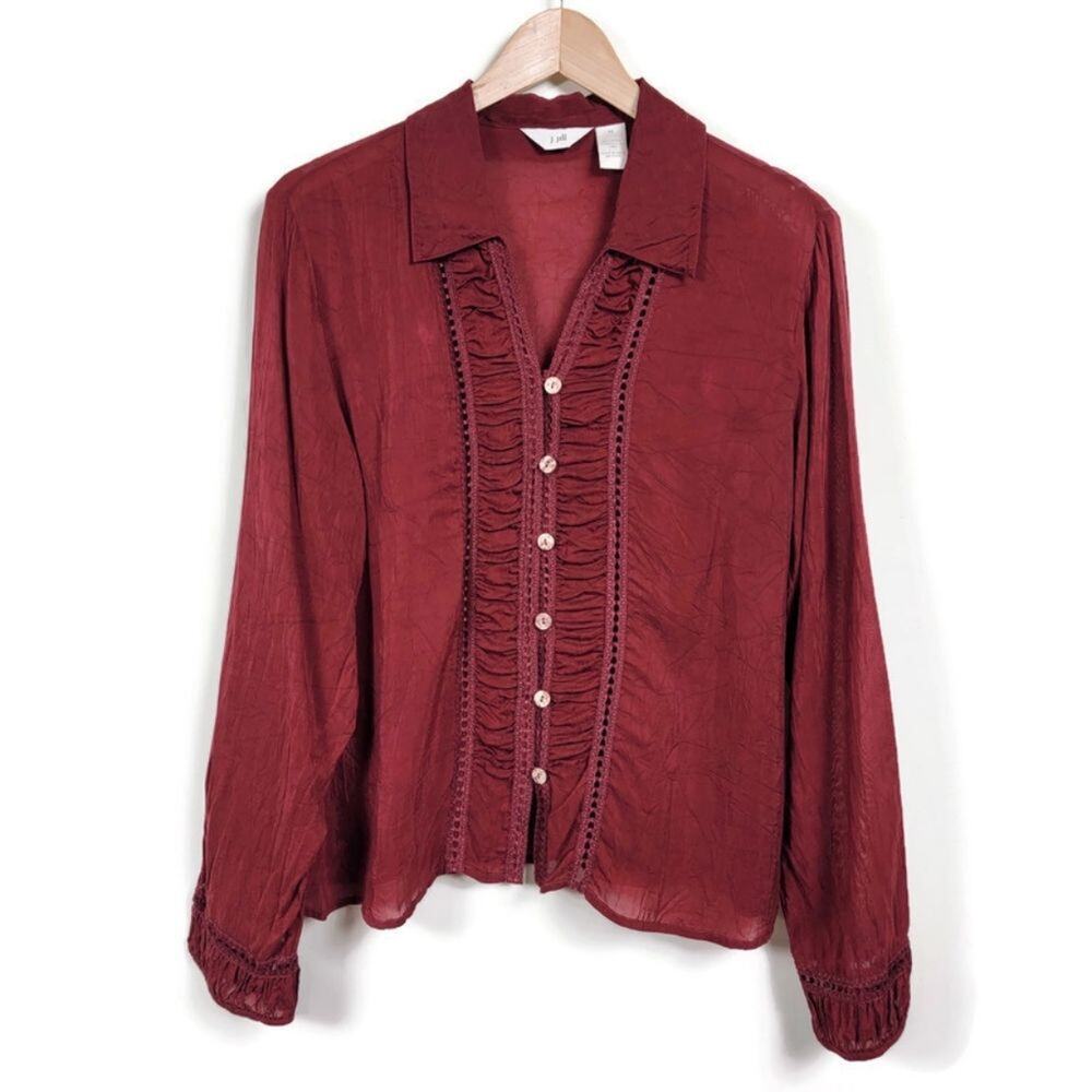 J Jill Long Sleeve Button Down Blouse Currant Red Women Size M Rayon Sheer Lace
